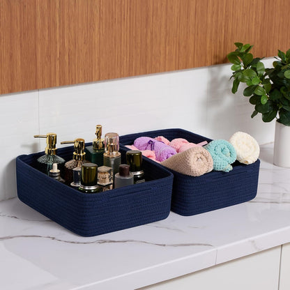 Large Shallow Organizing Baskets 15x11x5.1 Inches - Rope Woven Storage Bins for Bathroom, Shelves