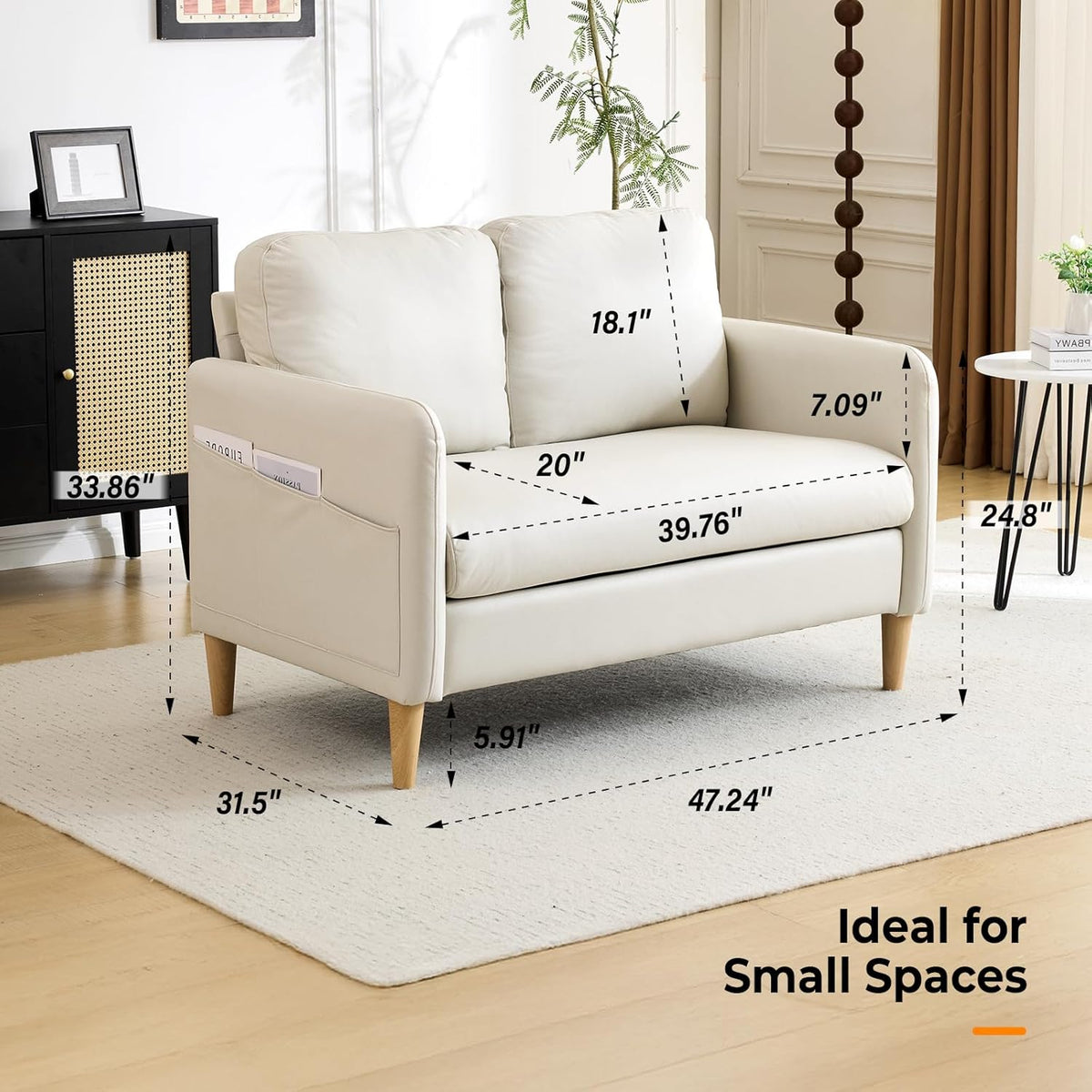 VINGLI 47" Small Couch, Beige Loveseat Mini Couch Mid Century Modern Decor Love Seat for Small