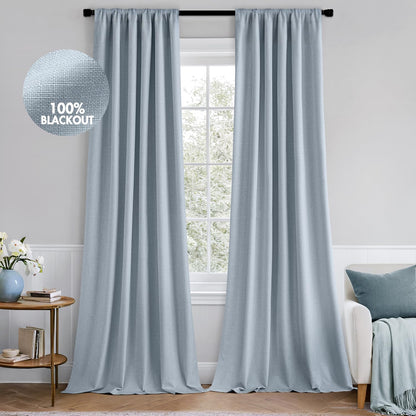 MIULEE 100% Blackout Curtains 90 Inch Long 2 Panels Set for Bedroom, Thick Faux Linen Black Out