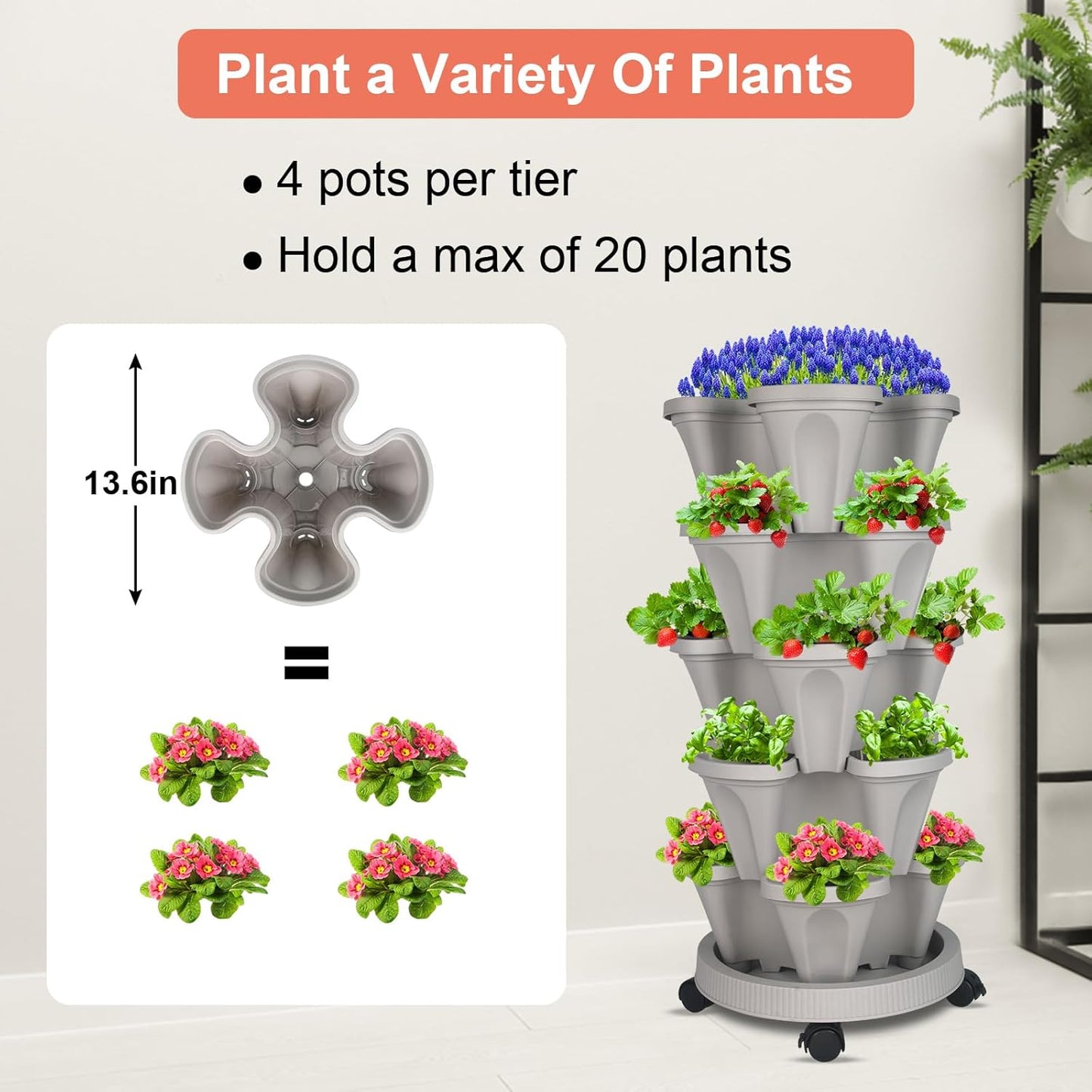 DUNCHATY Stackable Vertical Garden Planter with Wheels and Tools, Self-Watering Indoor/Outdoor