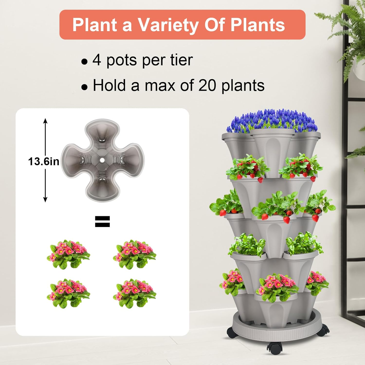 DUNCHATY Stackable Planter, Vertical Garden Planter with Wheels and Garden Tools, Strawberry