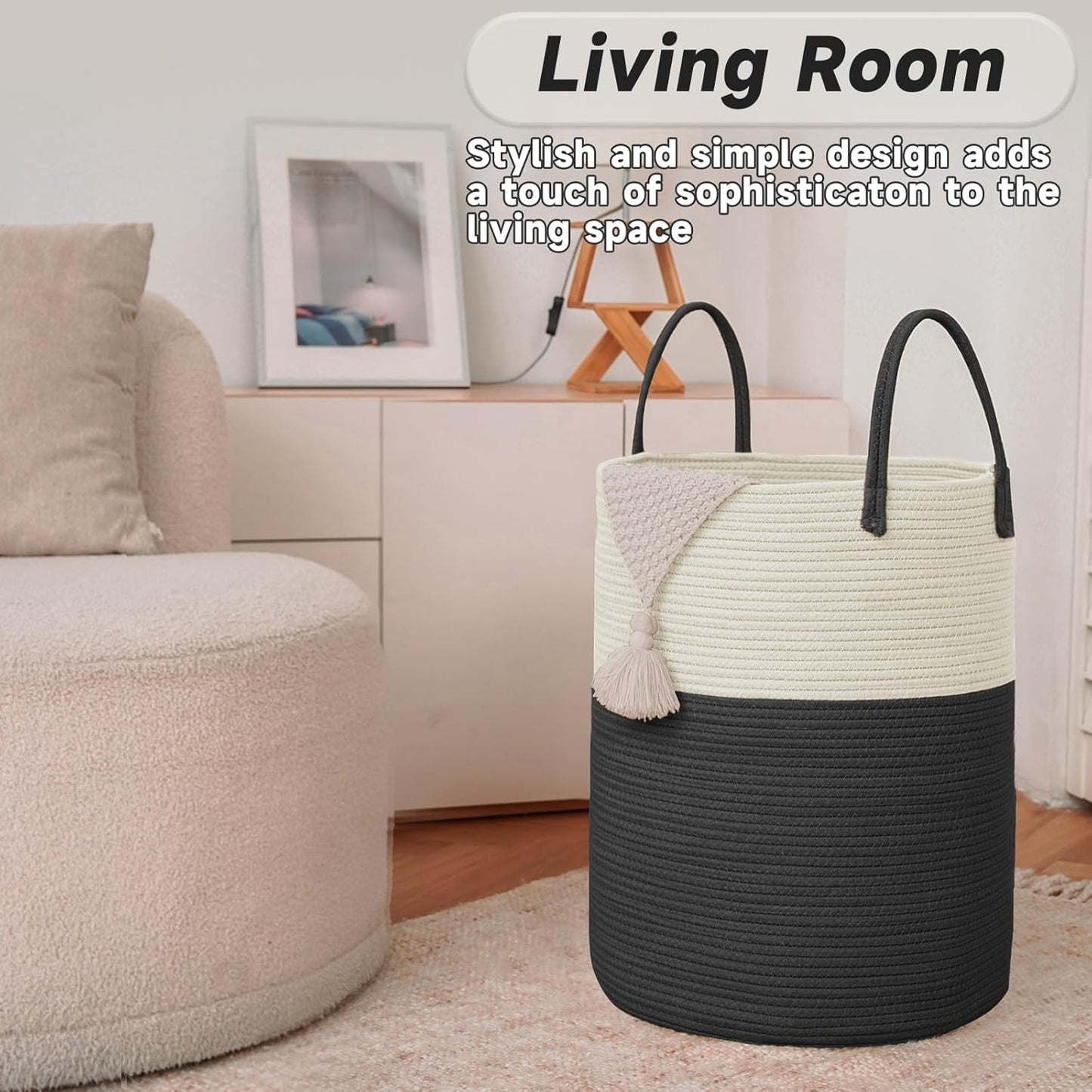 Large Woven Laundry Basket Hamper,60L Cotton Rope Storage Bin for Blankets,Toys and