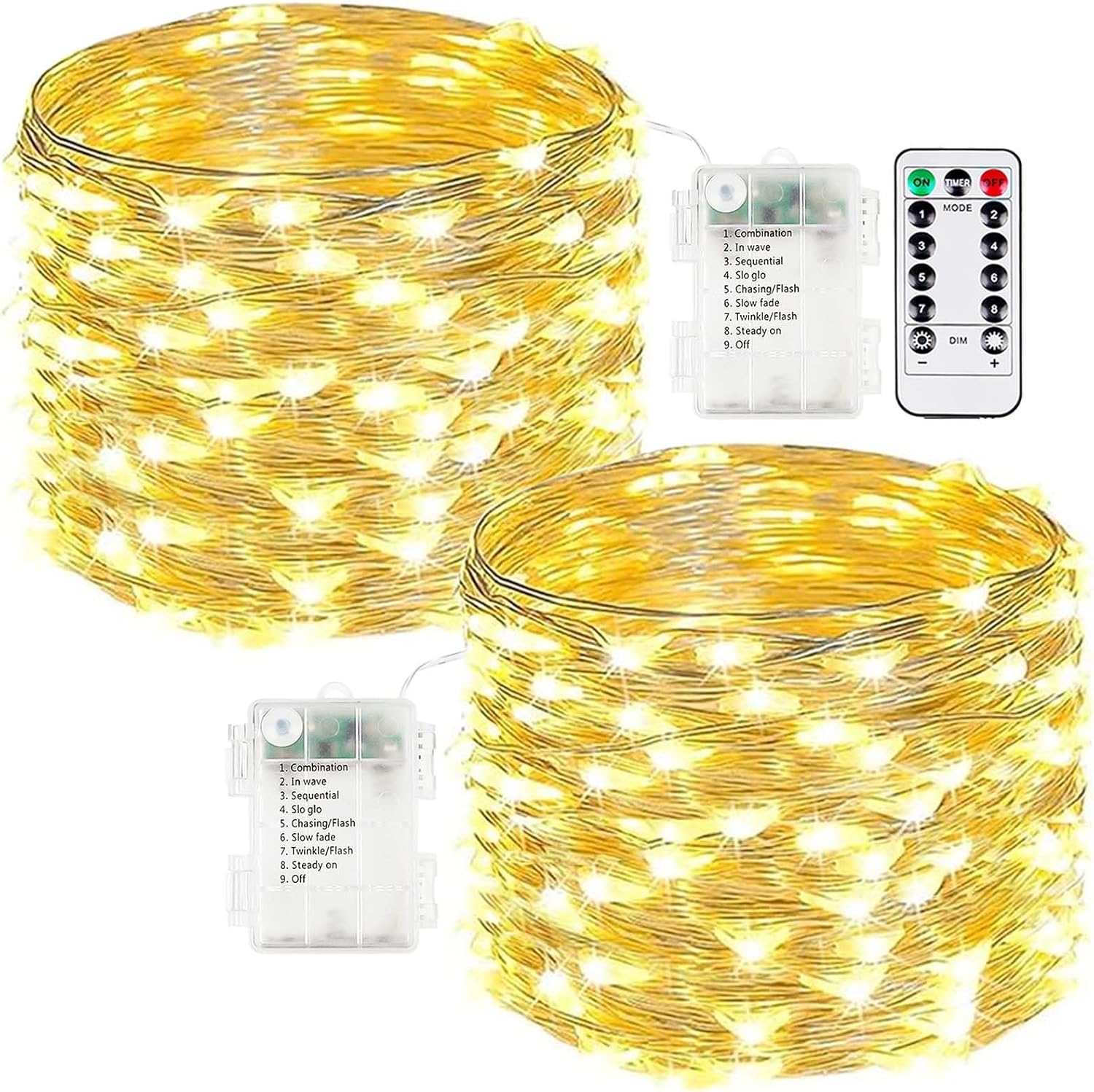2-Pack Fairy Lights Battery Operated with Remote, Waterproof 33FT 100 LED Battery String Lights