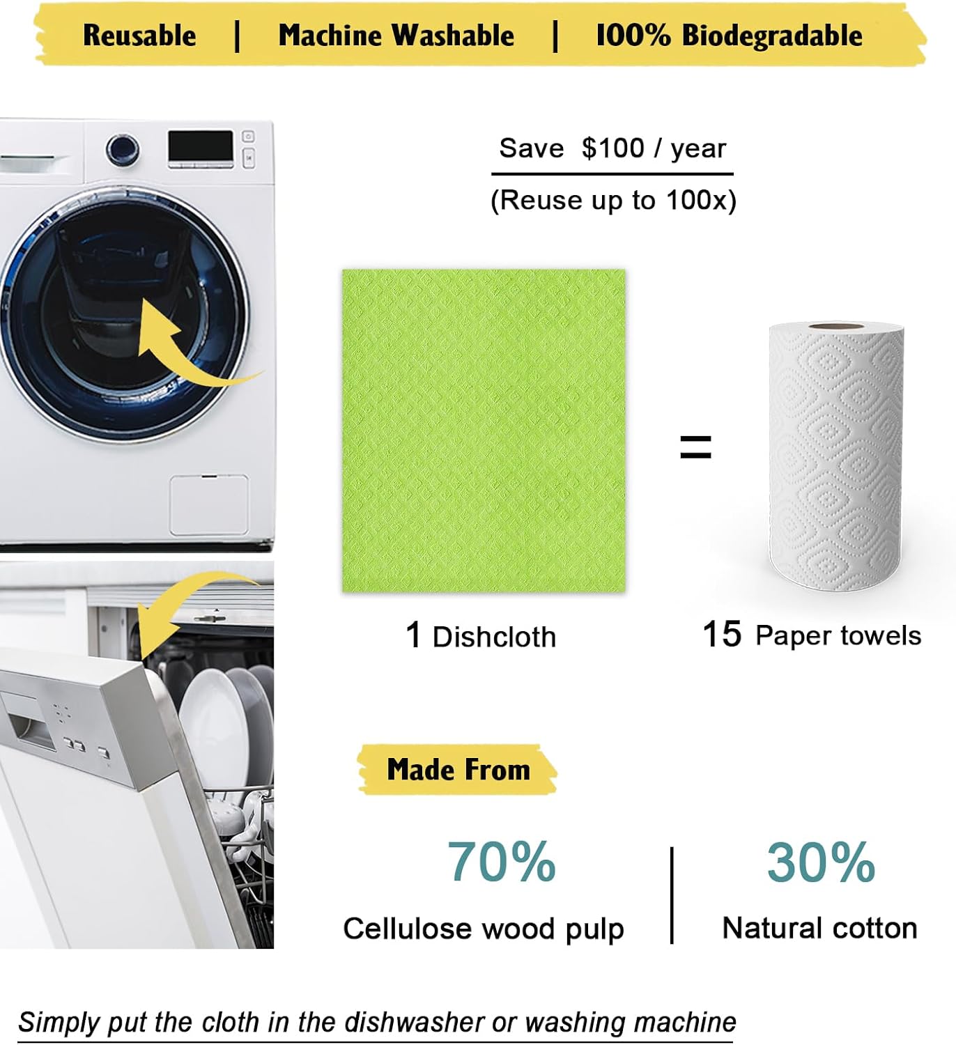 Swedish Dishcloths for Kitchen | 6 Pack Dish Towels Cellulose Sponge Cloths | Non-Scratch Reusable