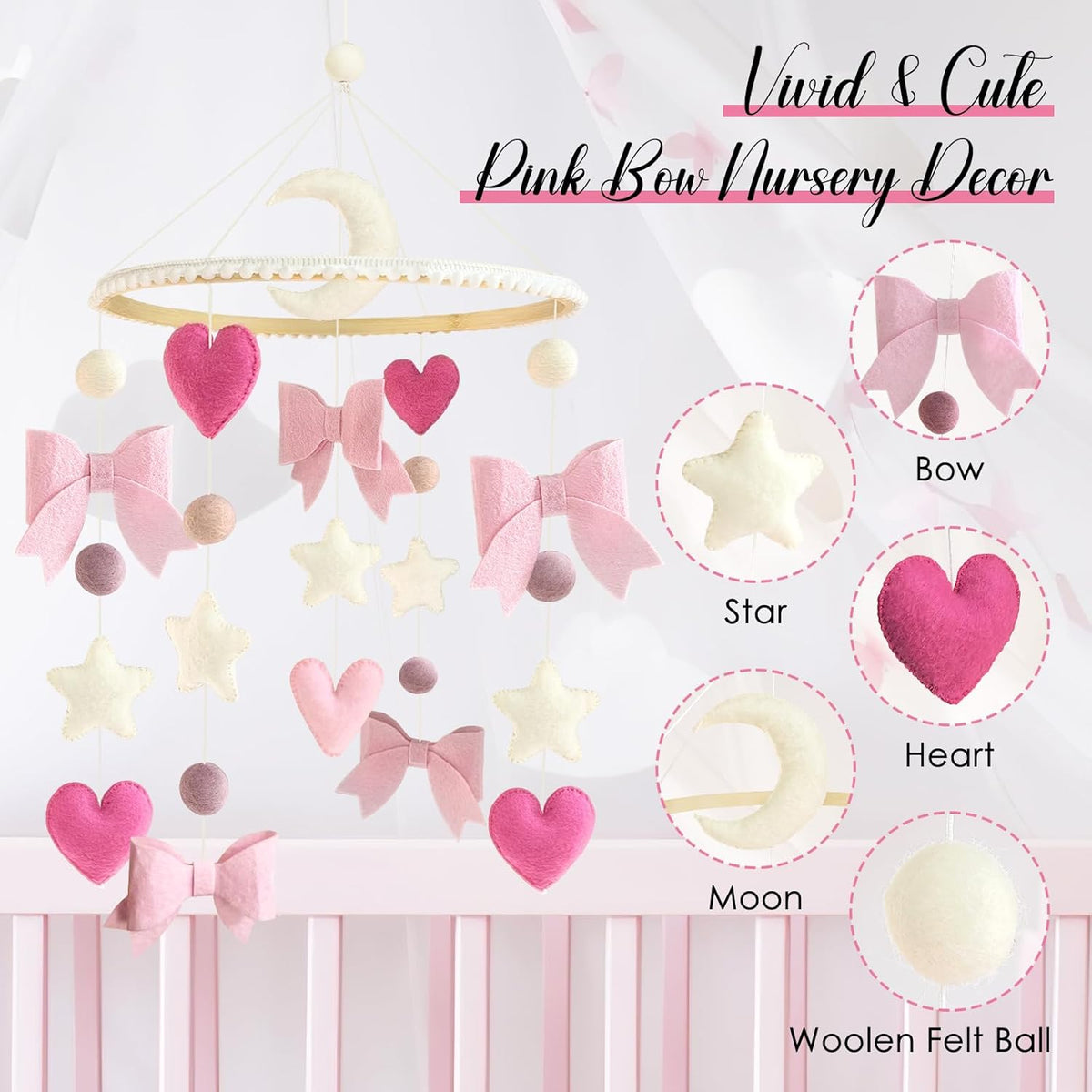 Baby Mobile for Crib Pink Bow Baby Crib Mobile for Girls Handmade Coquette Bow Nursery Decor for