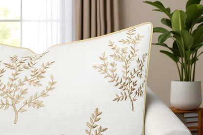 VAGMINE Embroidered Leaves Throw Pillow Cover - 18x18 Inches Square - 100% Cotton Ivory Decorative