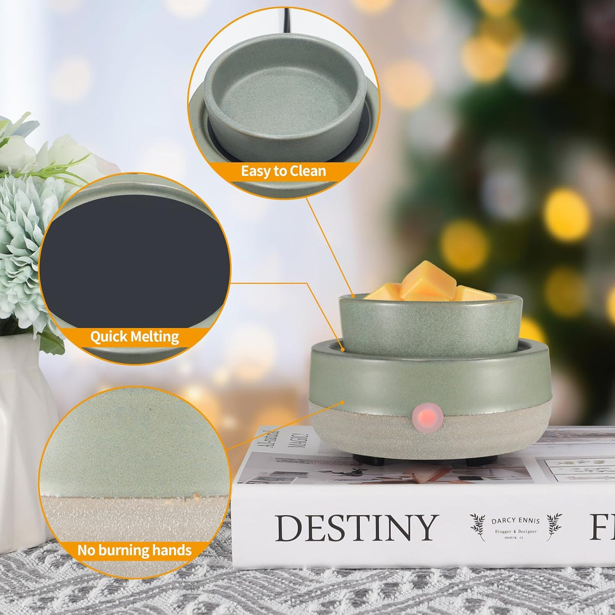 Wax Melt Warmer, Ceramic Electric Candle Wax Warmer 3-in-1 Oil Burner Fits Yankee Large Jar