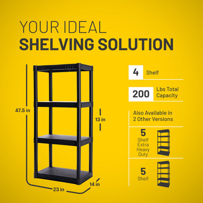 Plano 4-Shelf Plastic Storage Shelves, 48” x 23” x 14”, 200lb Capacity, Pantry, Office, Closet and