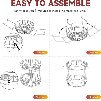 2 Tier Fruit Basket for Kitchen Counter with 2 Banana Hangers, Metal Stackable Fruit Bowl for
