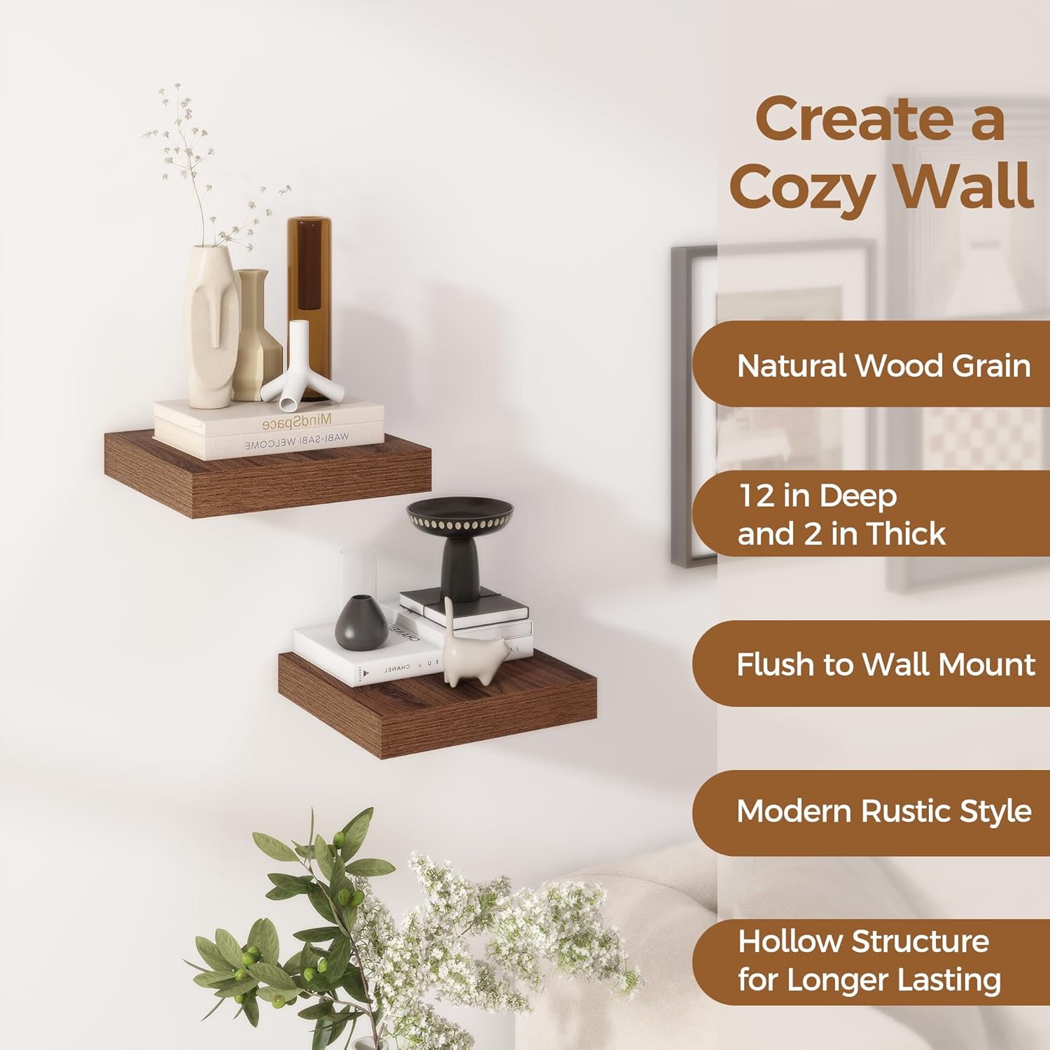 Fun Memories 12 Inch Floating Shelf, Rustic Wood Wall Shelves for Wall Decor & Storage, 12 x 12