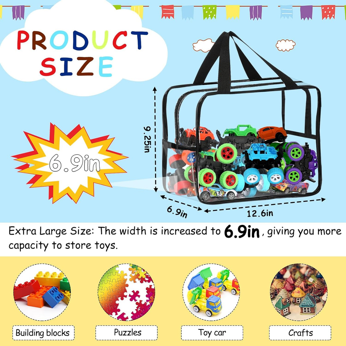 6 Packs Widen X-Large Toy Storage Bags 12.6×9.25×6.9In with Labels, Reusable Clear PVC Board Game