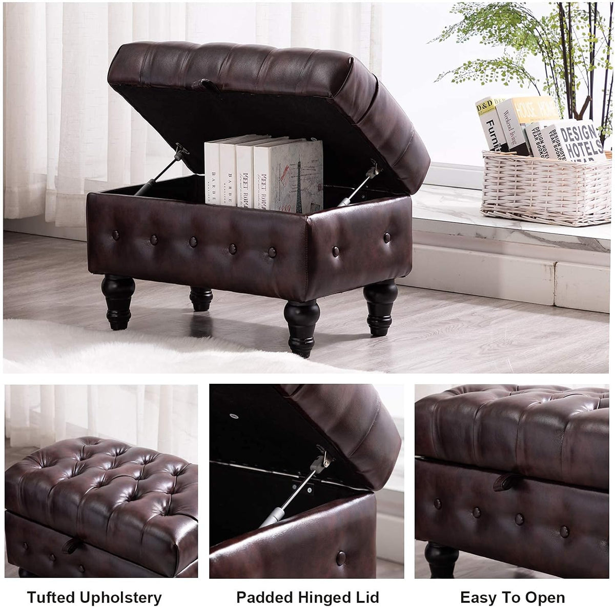 Artechworks Coffee Table Ottoman with Storage,Button Tufted PU Leather Upholstery Footstool Bed