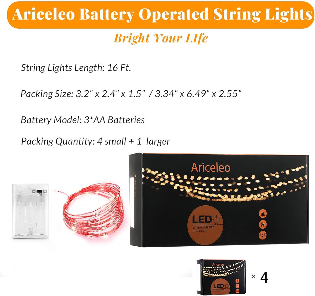 Led Fairy Lights Battery Operated, 4 Packs Mini Battery Powered Copper Wire Starry Fairy Lights for