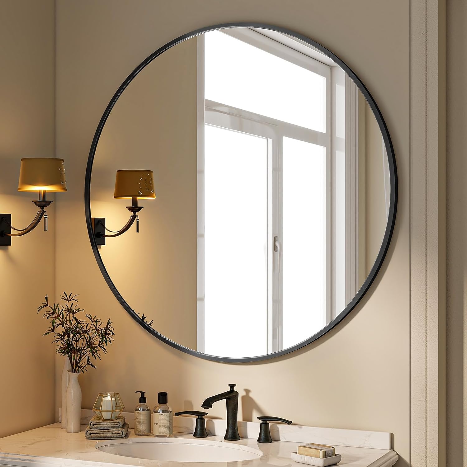 BEAUTYPEAK 40 Inch Round Mirror, Metal Frame Circle Mirror, Wall Mounted for Entryway, Bathroom