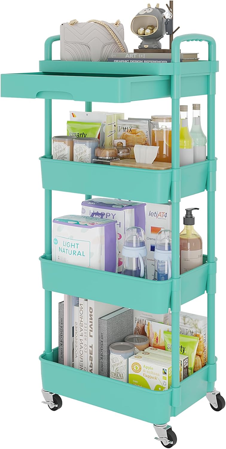 Calmootey 4-Tier Rolling Utility Cart with Drawer,Multifunctional Storage Organizer with Plastic