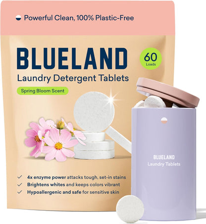 BLUELAND Laundry Detergent Tablets, Starter Set, Spring Bloom Scent, 60 Count with Tin
