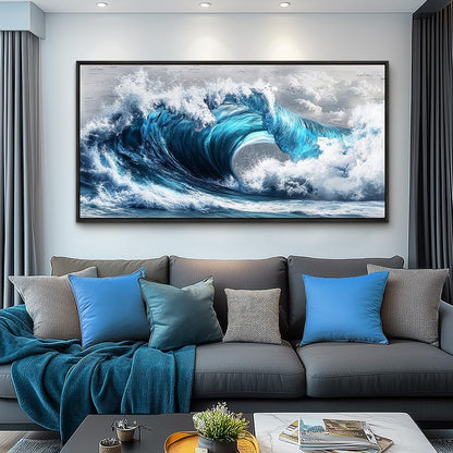PHAOHUAXM Large Canvas Blue Wave Paintings Wall Art For Living Room Wall Decoration For Bedroom