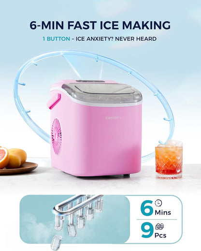 EUHOMY Countertop Ice Maker Machine with Handle, 26lbs in 24Hrs, 9 Ice Cubes Ready in 6 Mins