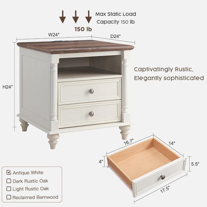 T4TREAM 24'' Farmhouse End Table w/4 Solid Wood Feet, Large 2 Drawers Wide Sofa Side Table with