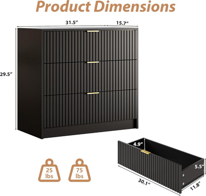 Black Fluted Dresser for Bedroom, 32 Inch Wide Nightstand with Large Drawer, 3 Drawer End Table for