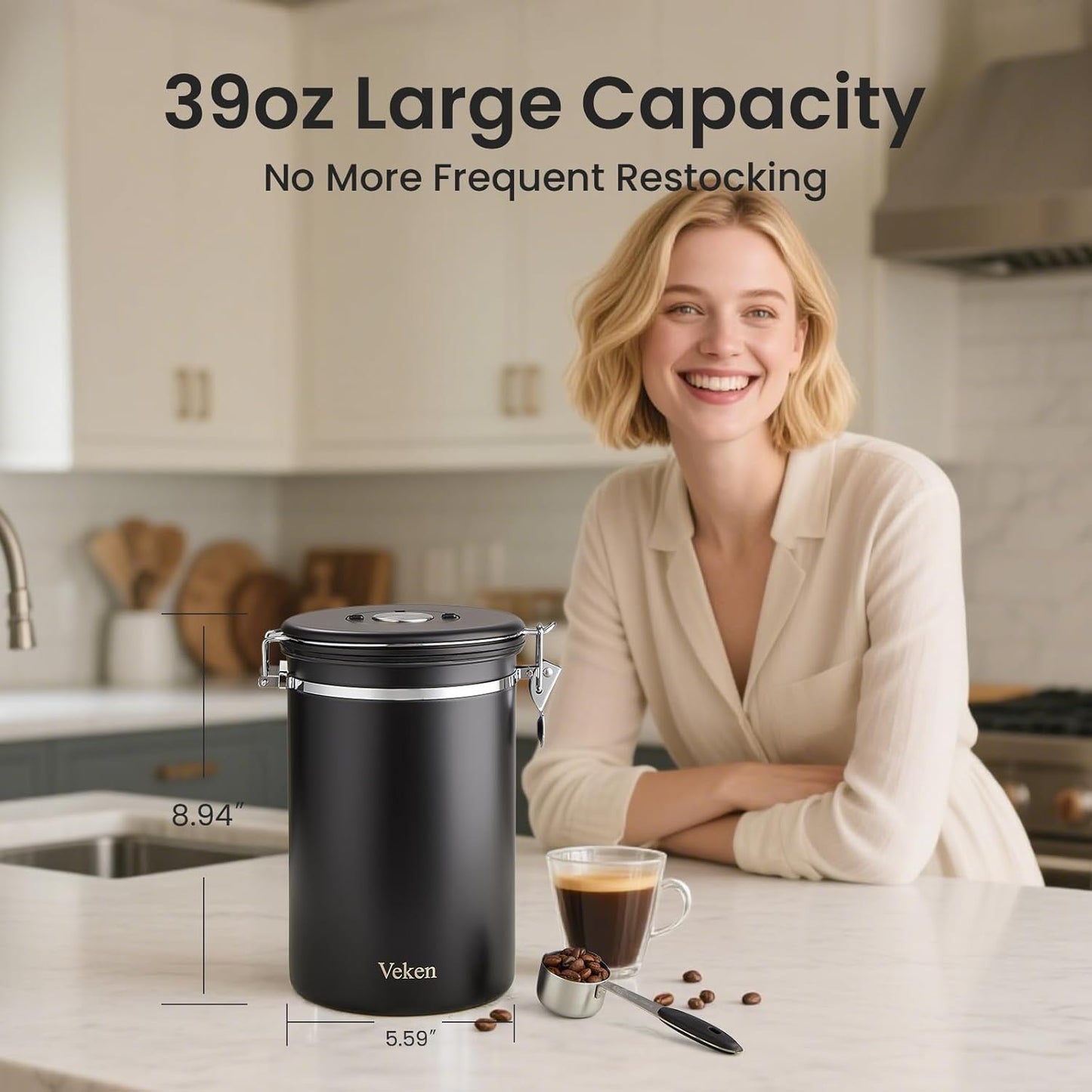 Veken Coffee Canister, 39OZ Large, Airtight Stainless Steel Food Storage Container for 2.2lbs