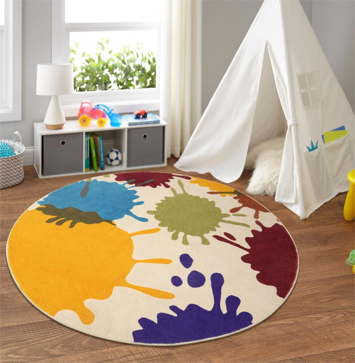 STARUIA Art Round Rug for Playroom, 4'x4' Colorful Kids Rug for Nursery, Non-Slip Small Circle Rugs