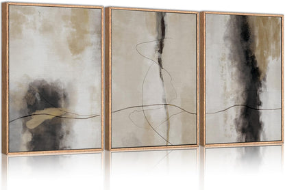 HPINUB Large Modern Abstract Framed Canvas Wall Art Set,Geometric Line Black White and Beige