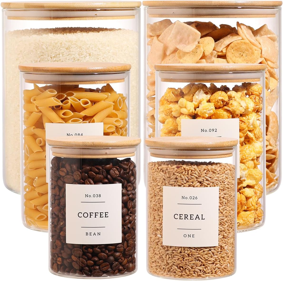 6-Pack Borosilicate Glass Storage Jars with Bamboo Lids + 132 Pre-Printed Pantry Labels Included