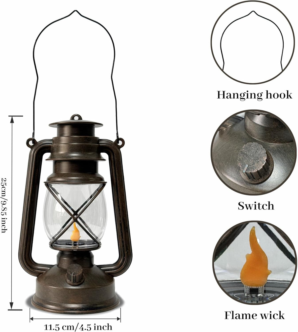 Vintage LED Outdoor Lantern Battery Powered Lanterns with Flame Wick Waterproof Camping Lamp