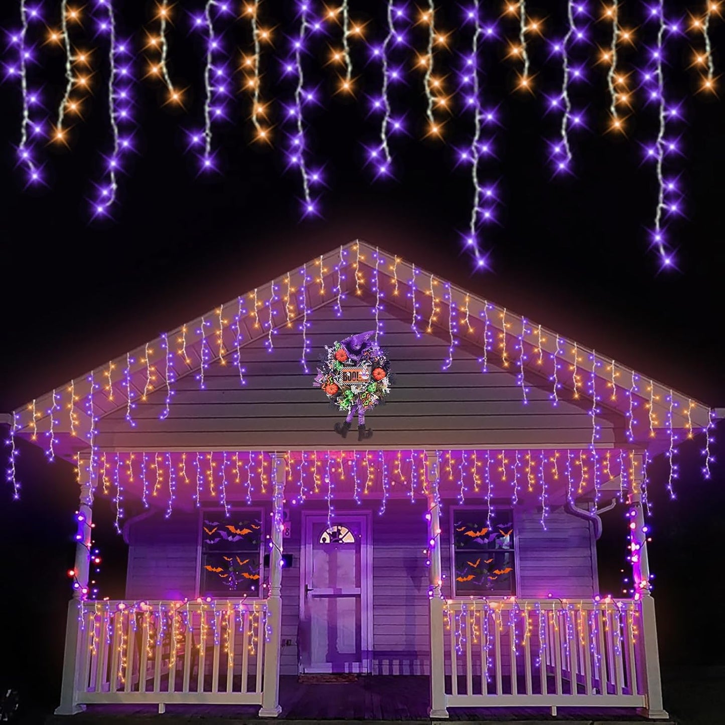 YEGUO 33ft 400 LED Orange and Purple Icicle Halloween Lights, 80 Drops Icicle Lights Connectable, 8