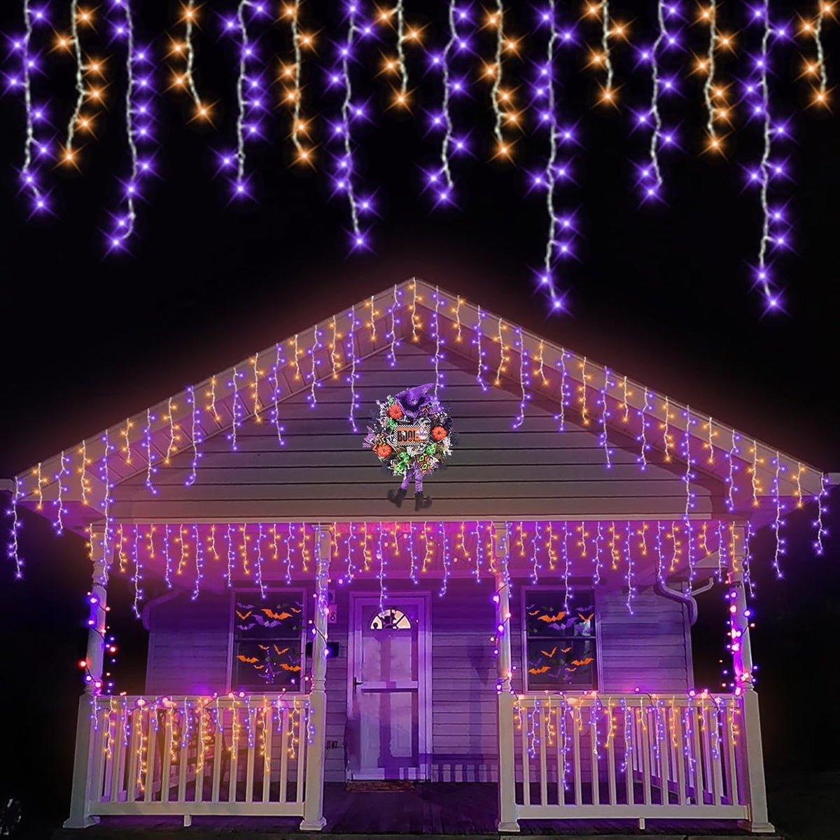 YEGUO 33ft 400 LED Orange and Purple Icicle Halloween Lights, 80 Drops Icicle Lights Connectable, 8