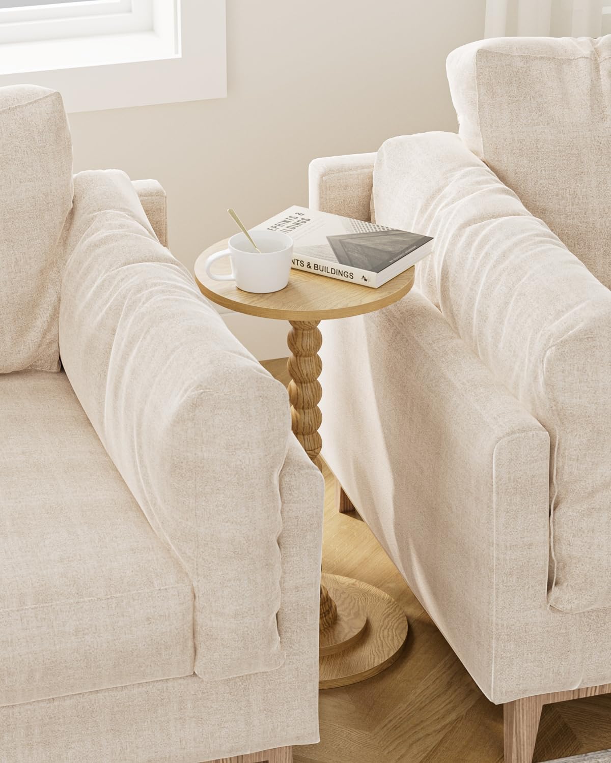 Masupu Round Side Table, Small End Table for Small Spaces, Pedestal Drink Table with Solid Wood Leg