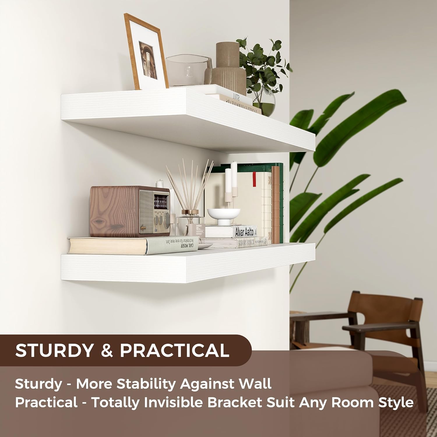 Floating Shelves for Wall, 2 Large Wall Mounted Shelves with Invisible Brackets, Long Wood Floating