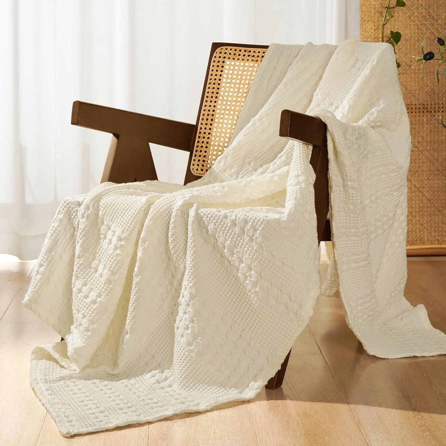 PHF 100% Cotton Waffle Weave Throw Blanket, Soft Lightweight Breathable Cozy Summer Throws for