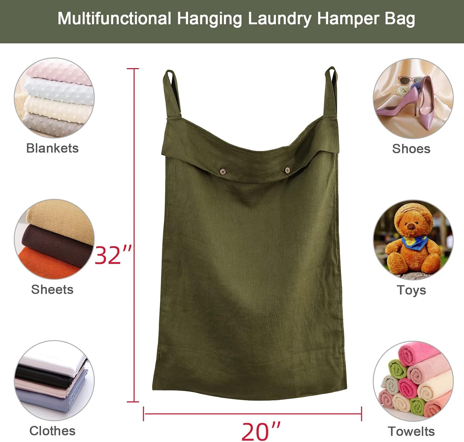 Linen Hanging Laundry Bag, 100% Linen Over The Door Laundry Hamper with Buttons and Zipper, Space