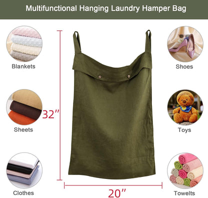 Linen Hanging Laundry Bag, 100% Linen Over The Door Laundry Hamper with Buttons and Zipper, Space