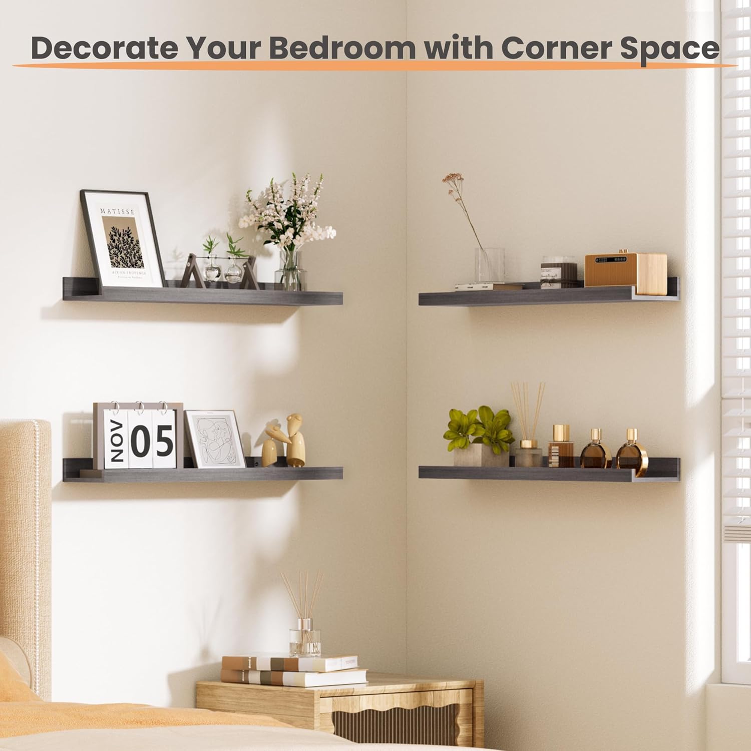 upsimples Floating Shelves for Wall, Wood Mounted Shelf Decor Storage Set of 6, for Bedroom, Living