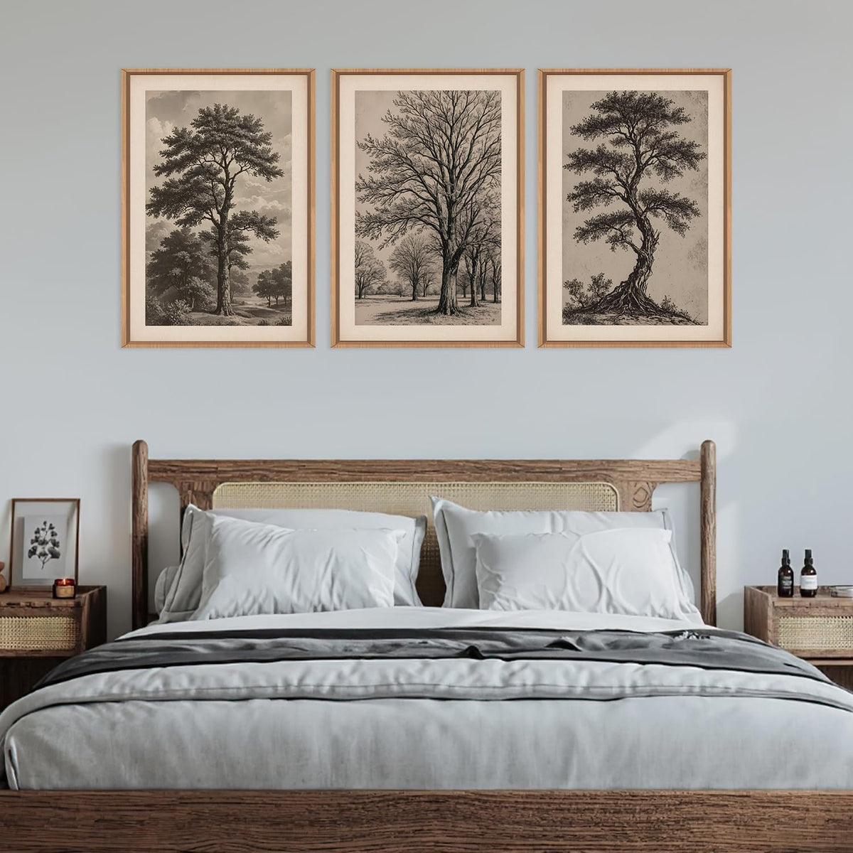 HPINUB Vintage Sketch Tree Framed Canvas Wall Art Set,Modern Nature Botanical Wall Decor, Antique