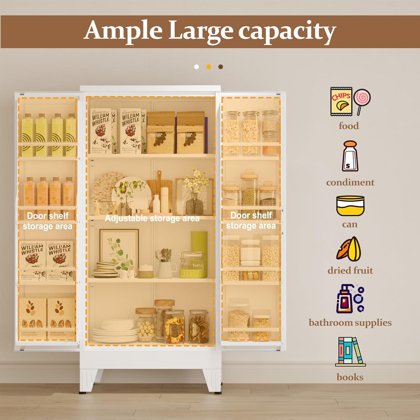 51" Metal Kitchen Pantry Cabinet, Storage Cabinets with 2 Door and 3 Adjustable Shelves, White