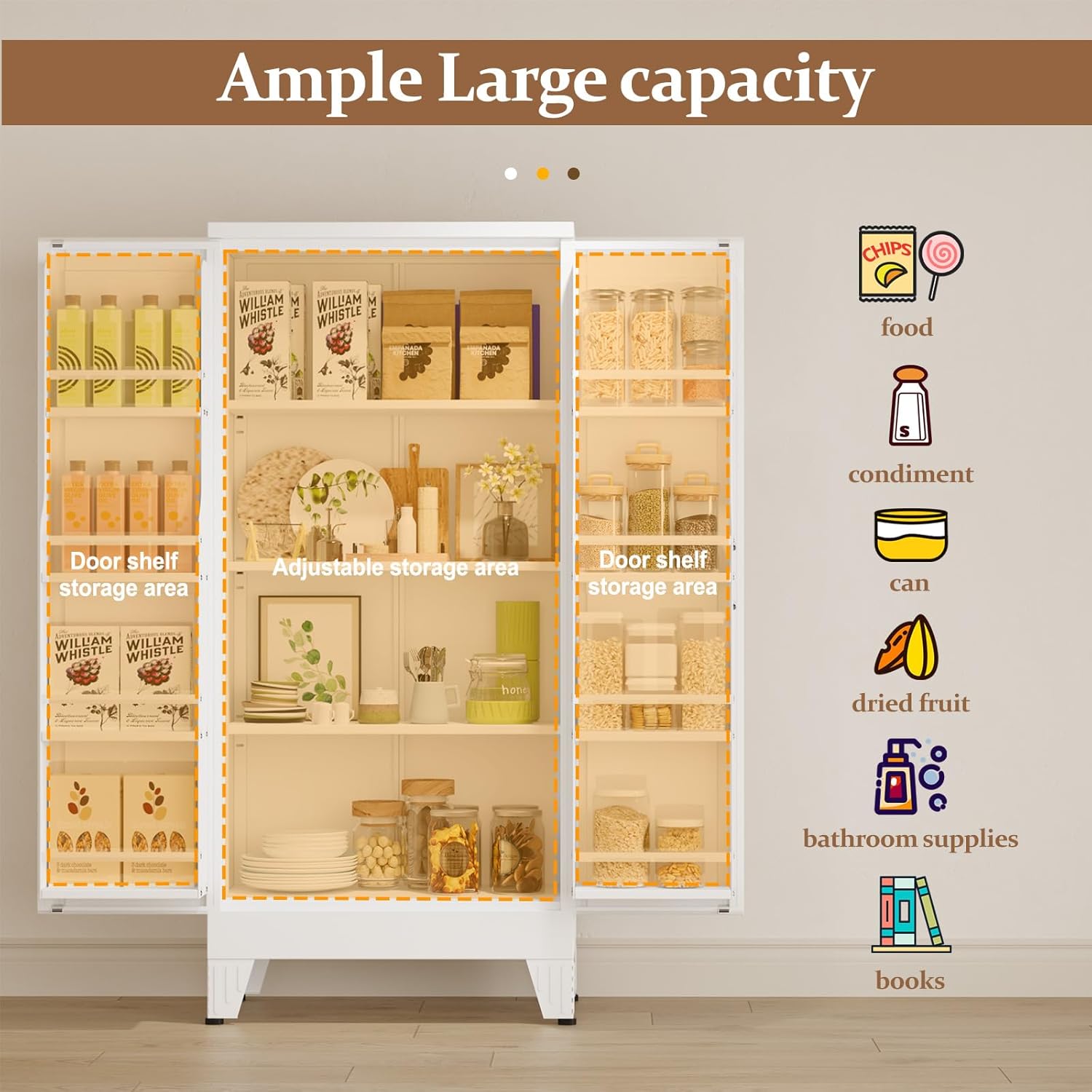 51" Metal Kitchen Pantry Cabinet, Storage Cabinets with 2 Door and 3 Adjustable Shelves, White