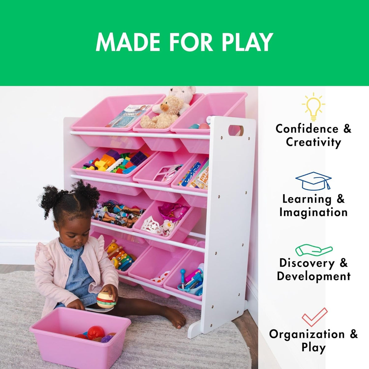 Humble Crew Kids Toy Storage Organizer with 12 Plastic Bins, White/Pink – Removable Bins for