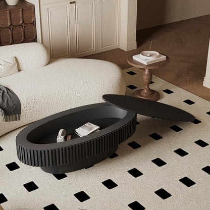 47.2''Oval Coffee Table with Storage, Mid Century Modern Fluted Drum Center Tables with Lid, Solid