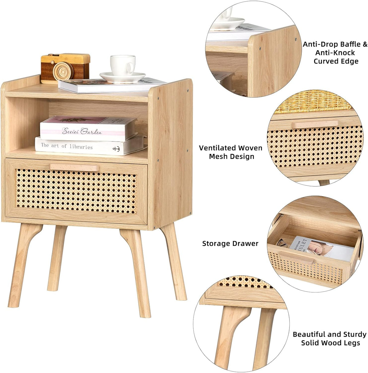 Lerliuo Rattan Nightstands Set of 2, Boho Side Table with Drawer Open Shelf, Cane Accent Bedside