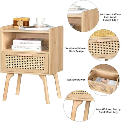 Lerliuo Rattan Nightstands Set of 2, Boho Side Table with Drawer Open Shelf, Cane Accent Bedside