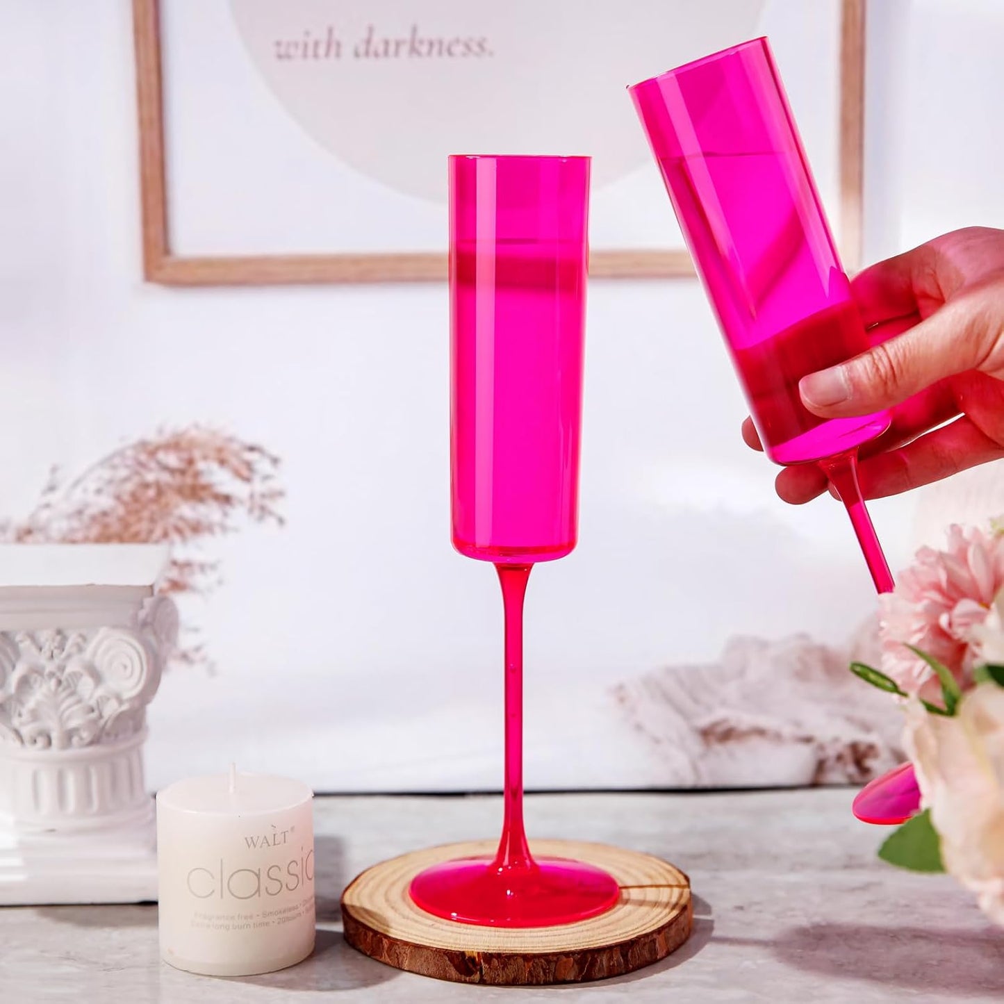 Ciaell 24 Pack Plastic Champagne Flutes - Hot Pink 6 Oz Disposable Champagne Glasses - Square