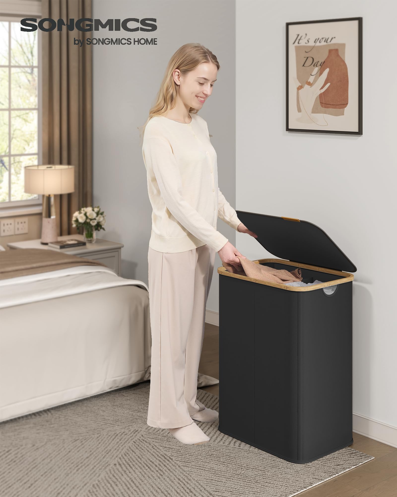 SONGMICS Laundry Hamper, Laundry Basket with Lid, Foldable Storage Basket, Bamboo Frame, for