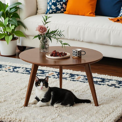 100% Solid Oak Wood Mini Coffee Table, Round Side Table w/Solid Wood Legs, Walnut Mid Century