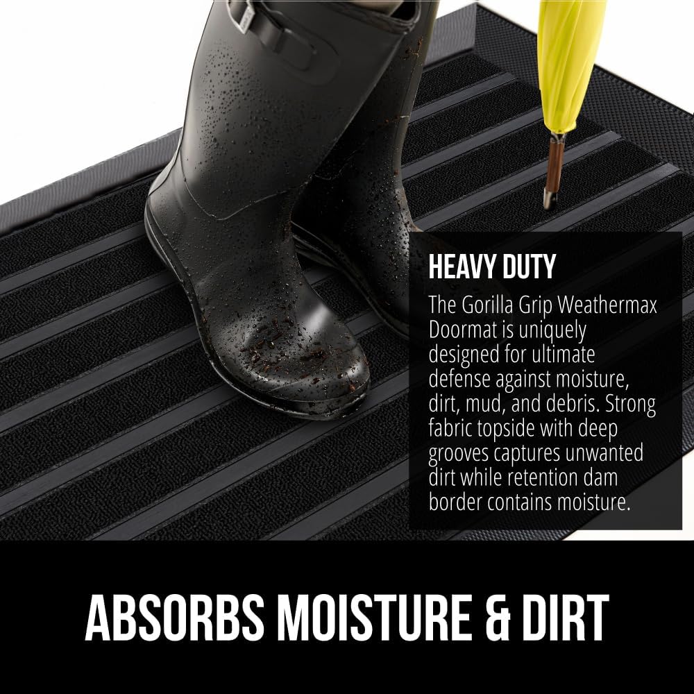 GORILLA GRIP 100% Waterproof All-Season WeatherMax Doormat US Designed Natural Rubber, Stain and