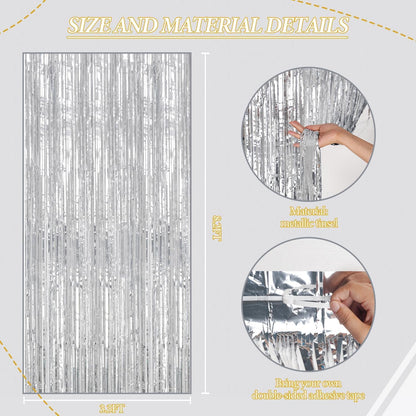 3 Pack Foil Fringe Backdrop - Silver Shiny Tinsel Curtains for Party Decoration/Photo Booth Props
