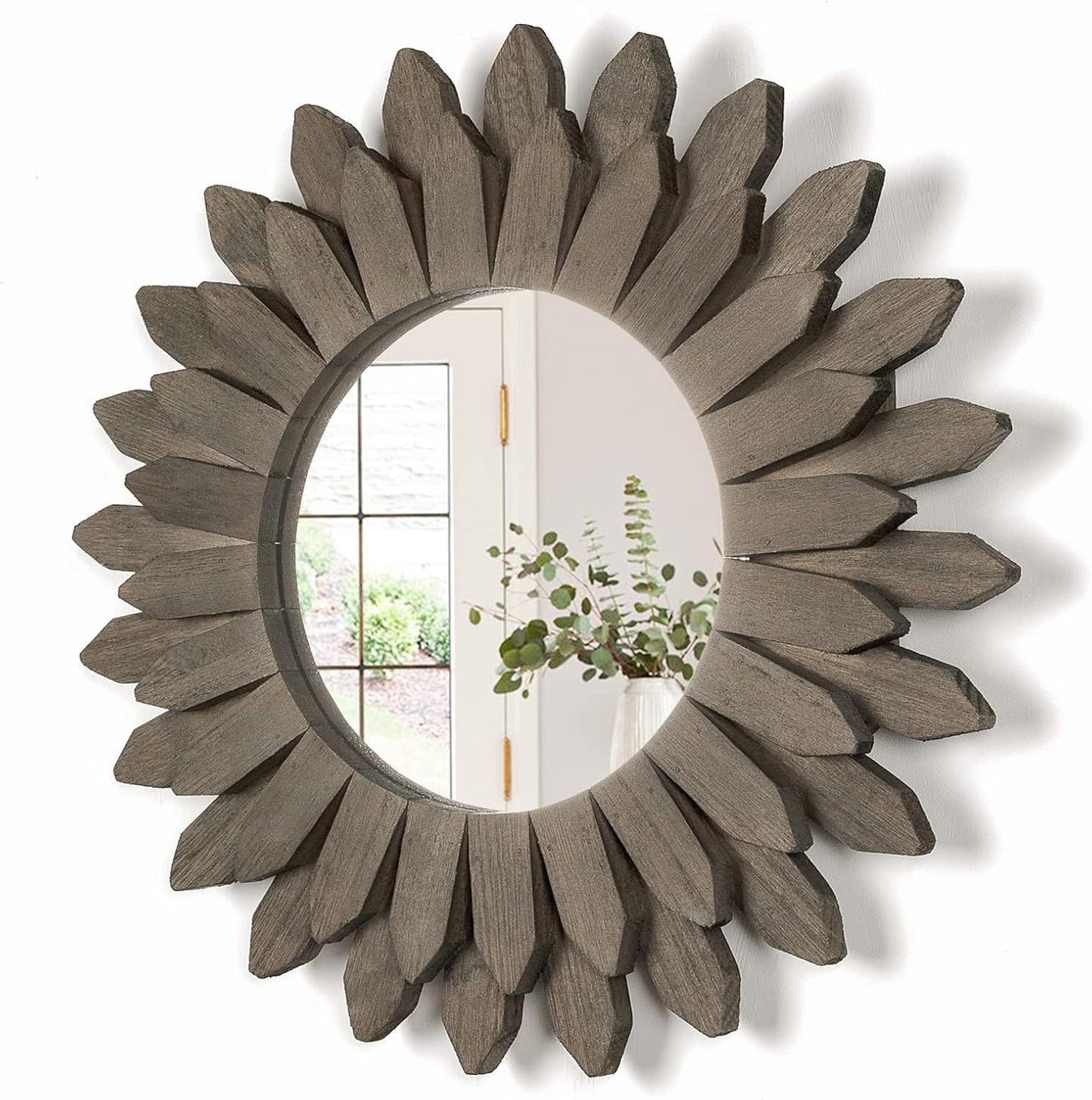 Honiway Farmhouse Wall Decor Mirror 12 inch Sunburst Boho Wood Mirror Rustic Home Decor Room